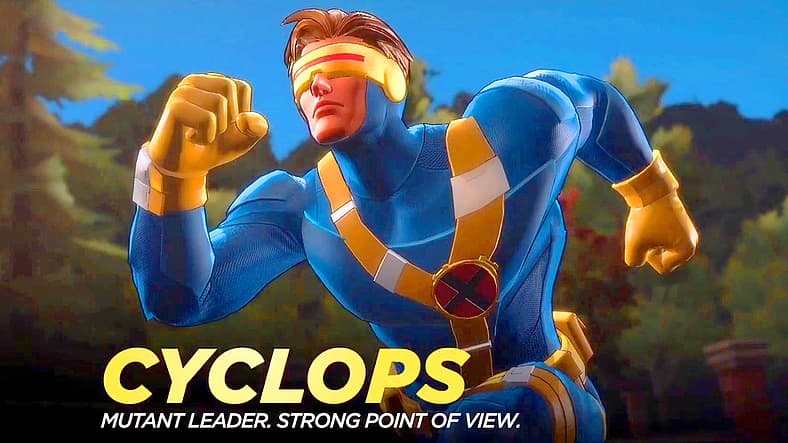 Cyclops rushes to defend the X-Mansion from a Sentinel attack in Marvel Ultimate Alliance 3: The