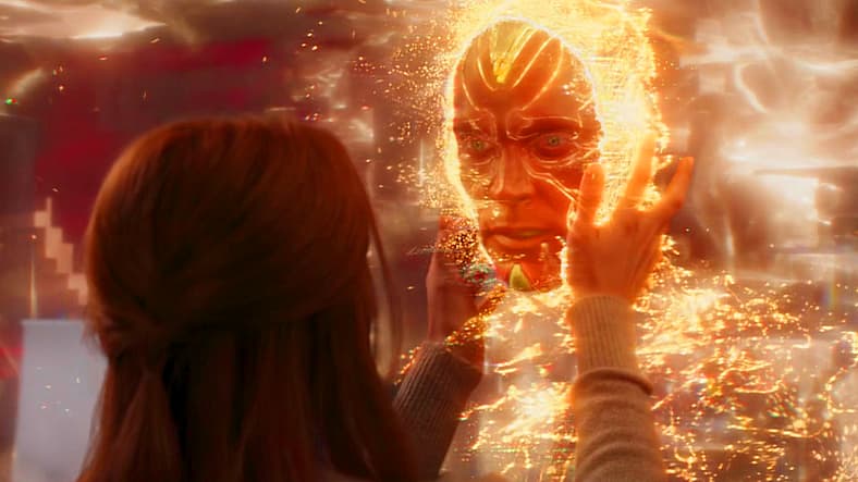 Vision (Paul Bettany) says goodbye to Scarlet Witch (Elizabeth Olsen) returning to Soul Stone in