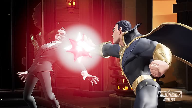 Agent Smith (Sky Soleil) dodges Black Adam's (Imari Williams) magic in MultiVersus (2022), Warner