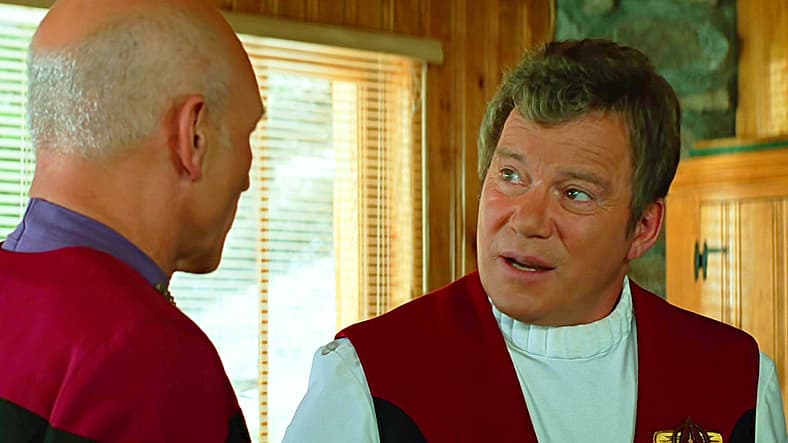 Captain Kirk (William Shatner) explains dissatisfaction to Captain Picard (Patrick Stewart) in Star