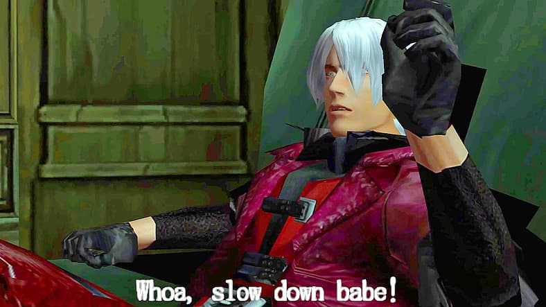 Dante displeased with Trish riding a motorcycle through his door in Devil May Cry Remastered
