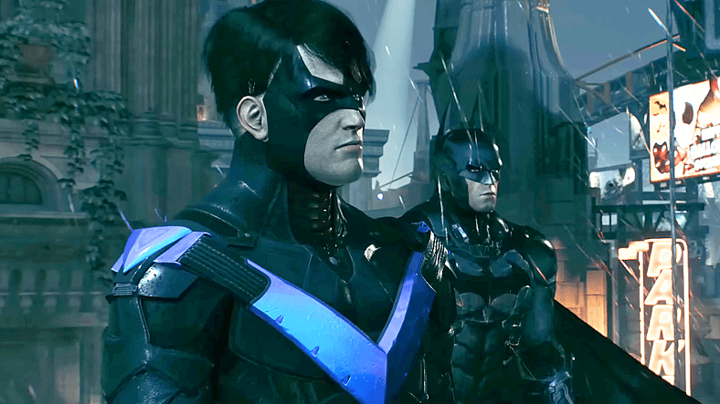 Nightwing (Scott Porter) gives Batman (Kevin Conroy) a lead on the Joker in Batman: Arkham Knight