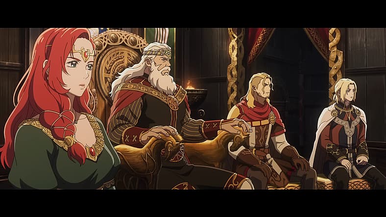 Hèra, King Hammerhand, Haleth, and Háma entertain guests in The Lord of the Rings: The War of the