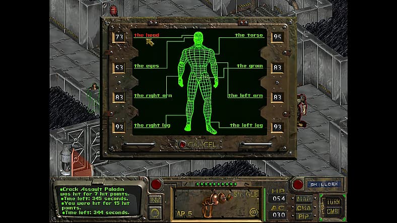 Vault Dweller prepares headshot on raider opponent in Fallout 1 (1997), Bethesda Softworks