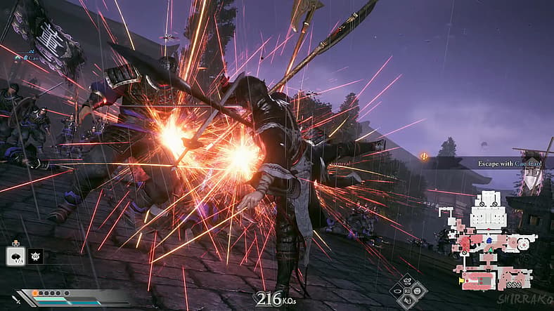 Wanderer (Jun Fukuyama) forces Zhang Liao (Hirofumi Tanaka) off battlefield in Dynasty Warriors