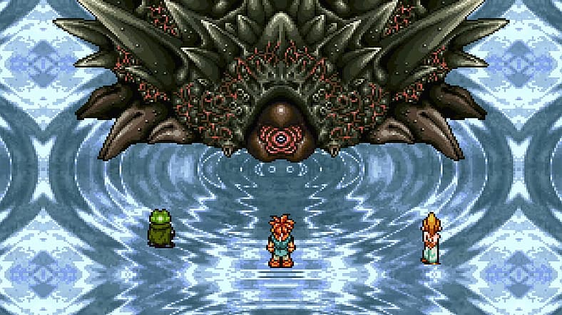 Chrono, Frog, and Marle watch on as Lavos begins to evolve in Chrono Trigger (1995), Square