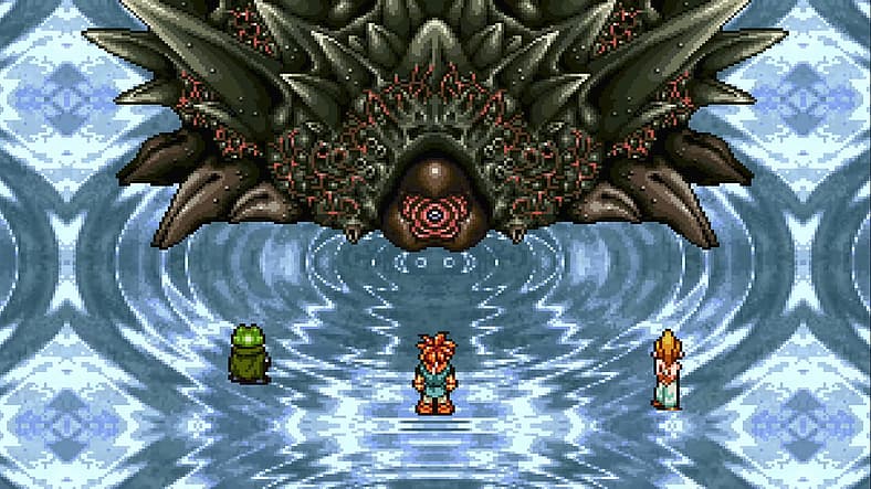 Chrono, Frog, and Marle watch on as Lavos begins to evolve in Chrono Trigger (1995), Square