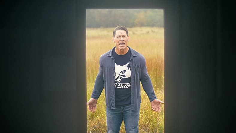 Christopher Smith (John Cena) demands to know why Rick Flag Sr. (Frank Grillo) sent him to