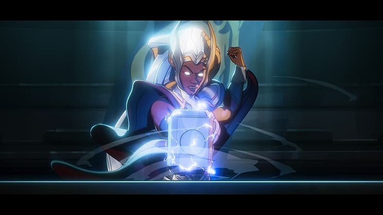 Storm (Alison Sealy-Smith) uses Mjolnir to investigate the multiverse in What If...? Season 3