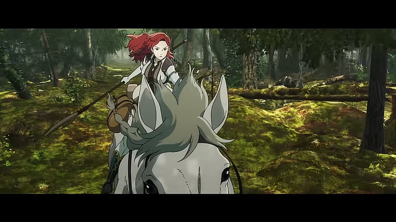 Hèra readies spear for horseback combat in The Lord of the Rings: The War of the Rohirrim (2024)