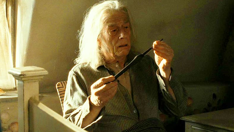 Harry Potter asks Garrick Ollivander about Bellatrix Lestrange's and Draco Malfoy's wands in Harry