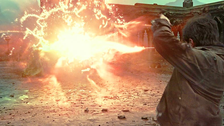 Harry Potter clashes with Lord Voldemort in Harry Potter and the Deathly Hallows: Part 2 (2010)