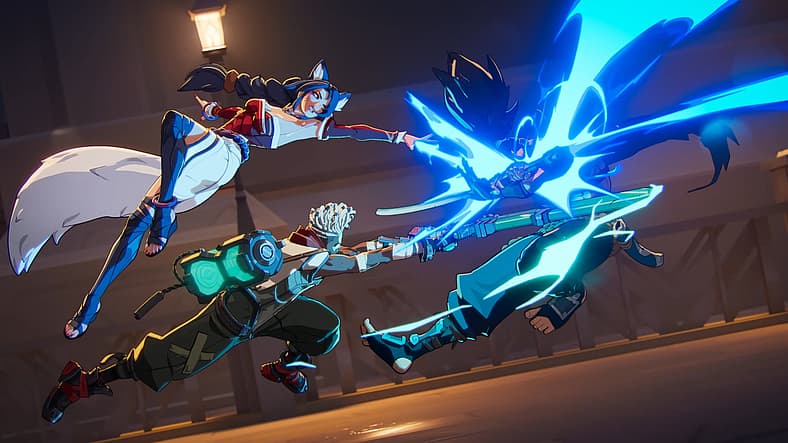 Ahri (Judy Alice Lee) and Ekko (Reed Shannon) blast Yasuo (Jimmie Yamaguchi) in 2XKO (2025), Riot