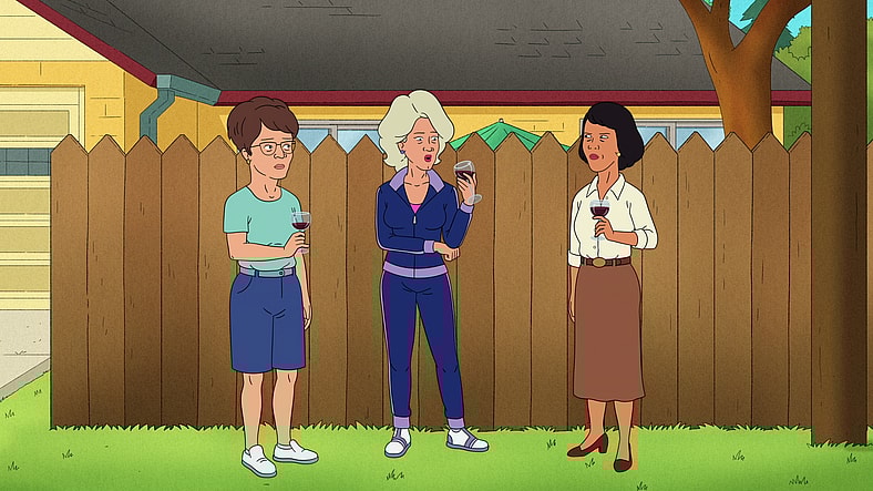 Peggy Hill (Kathy Najimy), Nancy Hicks-Gribble (Ashley Gardner), and Minh Souphanousinphone (Lauren Tom) try out a change of scenery in King of the Hill Season 14 Episode 7 "Bobby Gets Grilled" (2025), Disney/Hulu