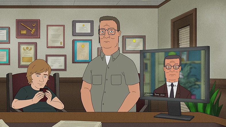 G.H. (Finn Wolfhard), Hank (Mike Judge), and Junichiro (TBA) receive some legal settlement money on behalf of their father in King of the Hill Season 14 Episode 9 "No Hank Left Behind" (2025), Disney/Hulu