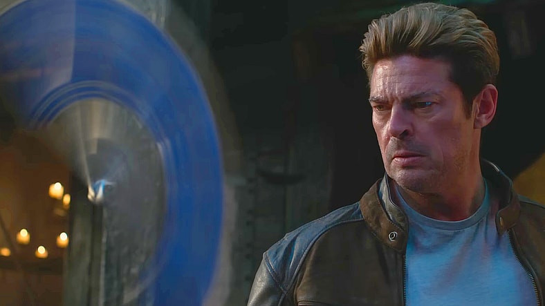 Johnny Cage (Karl Urban) is dumbstruck by the bizarre movements of Kitana's (Adeline Rudolph) fan blades in Mortal Kombat II (2025), Warner Bros. Entertainment