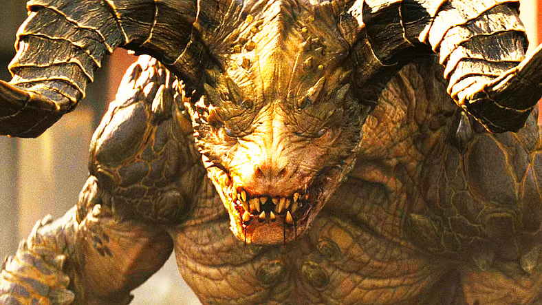 A Deathclaw sets its sights on Maximus (Aaron Moten) and The Ghoul (Walton Goggins) in Fallout Season 2 Episode 7 "The Handoff" (2026), Amazon