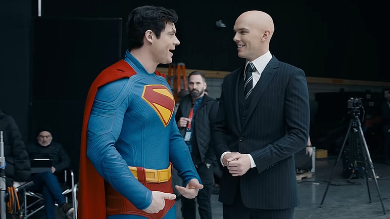 David Corenswet shows off his suit to Nicholas Hoult on the set of Superman (2025), DC Studios