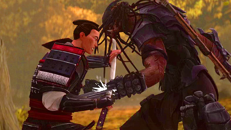 Kenji Kawakami (Louis Ozawa Changchien) blocks a killing blow from an attacking Yaujta in Predator: Killer of Killers (2025), Hulu