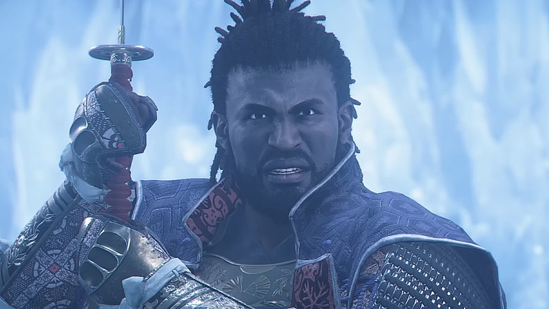 Yasuke (Tongayi Chirisa) stands defiant against the Titan-transformed Gautwin (TBA) in Assassin's Creed Shadows x Attack on Titan (2025), Ubisoft