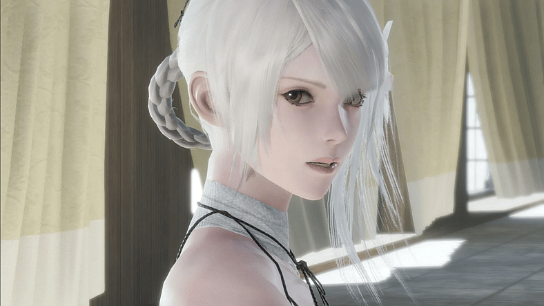 Kainé (Atsuko Tanaka) tells Nier (Koji Yusa) to prepare himself for a changed world in Nier Replicant ver.1.22474487139... (2021), Square Enix