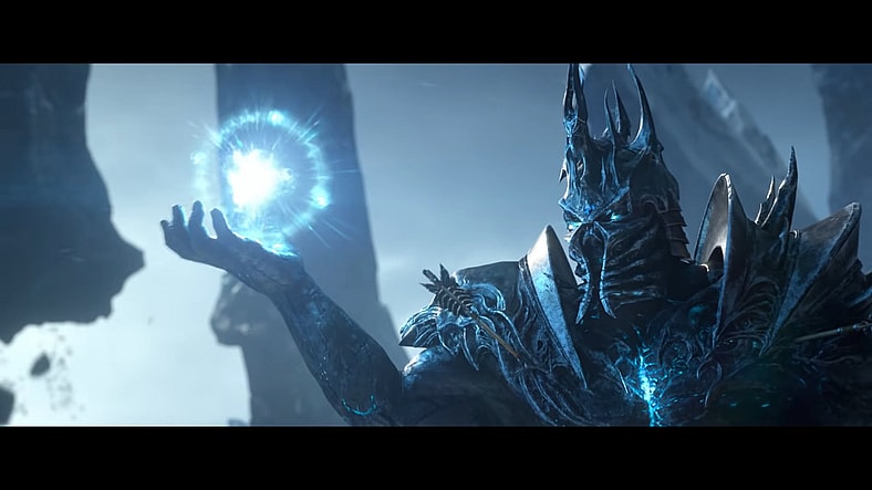 The Lich King Arthas (Michael McConnohie) readies his icy magiks in World of Warcraft: Shadowlands (2020), Blizzard Entertainment