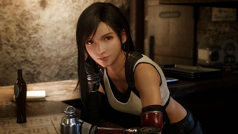 Tifa (Ayumi Ito) tends the bar at the Seventh Heaven in Final Fantasy VII: Remake (2020), Square Enix