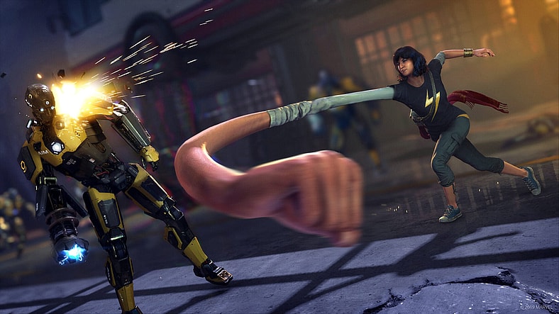 Kamala Khan (Sandra Saad) dishes out the pain to AIM robots in Marvel's Avengers (2020), Square Enix