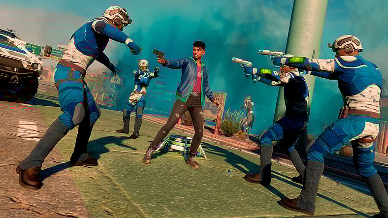 The Boss surrounded by Marshall officers at gunpoint in Saints Row (2022), Deep Silver Volition