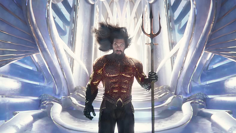 Arthur (Jason Momoa) contemplates his spot upon the throne in Aquaman and the Lost Kingdom (2023), Warner Bros. Discovery