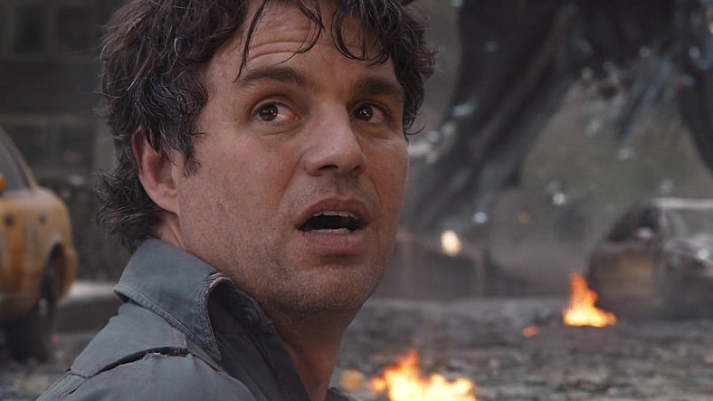 Bruce Banner (Mark Ruffalo) has a secret to tell Captain America (Chris Evans) in The Avengers (2012), Marvel Entertainment