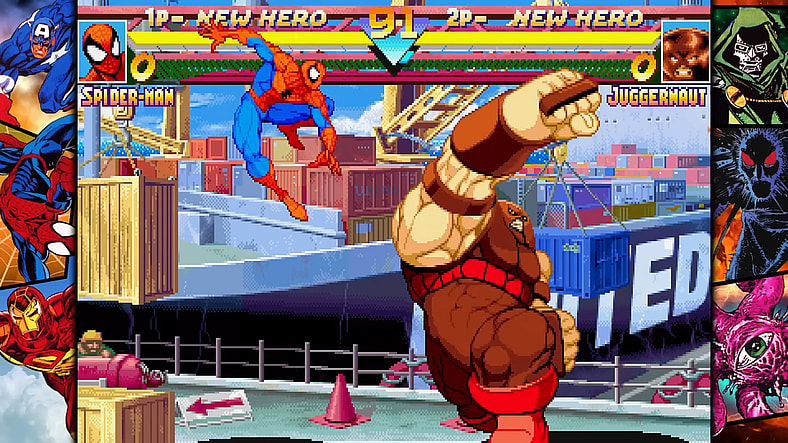 Spider-Man (Patrick Chilvers) takes on Juggernaut (Rick Bennett) in Marvel Super Heroes (1995), Capcom