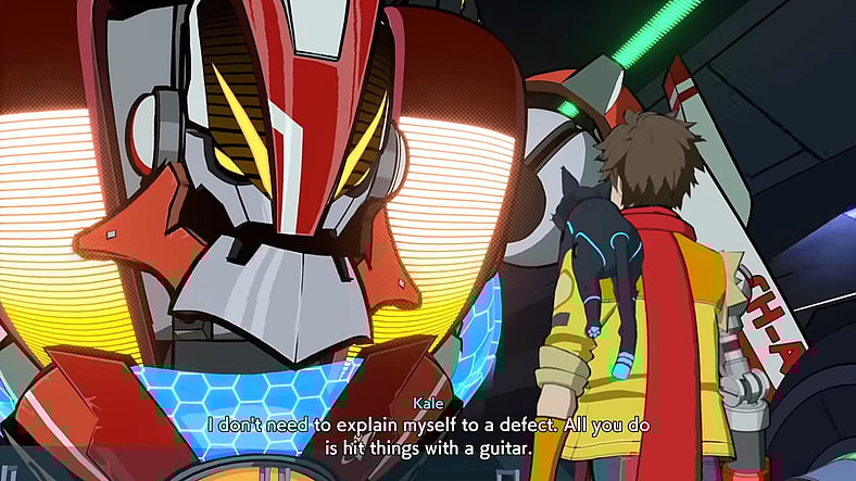 Kale Vandelay (Roger Craig Smith) berates Chai (Robbie Draymond) as a defect in Hi-Fi Rush (2023), Bethesda Softworks