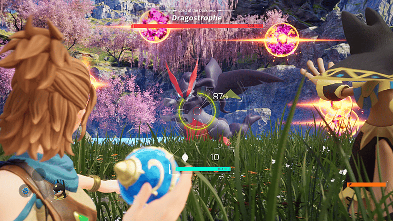 The player takes aim at Dragostrophe with a Pal Sphere in Palworld (2024), Pocketpair