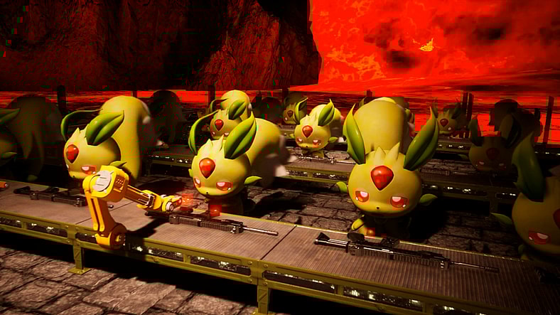 Lifmunk make guns on an assembly line in Palworld (2024), Pocketpair