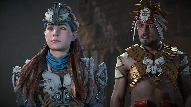Aloy (Ashly Burch) and Nil (Alex Lanipekun) survey the landscape in Horizon Zero Dawn Remastered (2024), Guerilla Games