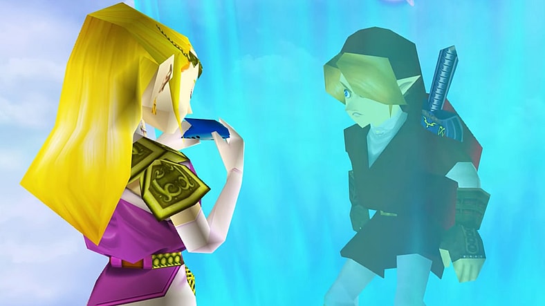 Princess Zelda (Jun Mizusawa) sends Link (Nobuyuki Hiyama) back to his time in The Legend of Zelda: The Ocarina of Time (1998), Nintendo