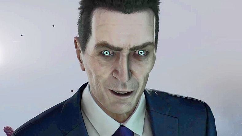 The G-Man (Mike Shapiro) introduces himself to Alyx (Ozioma Akagha) in Half-Life: Alyx (2020), Valve