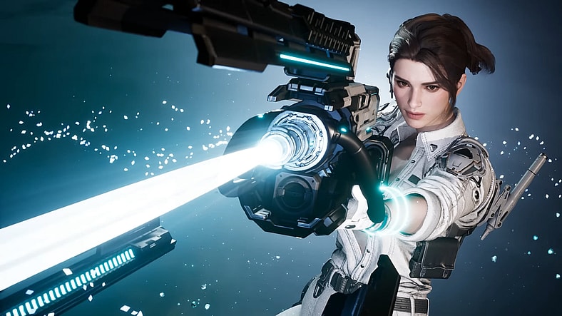 Hailey (Alexandra Guelff) unleashes her anti-matter rifle in The First Descendant (2024), Nexon