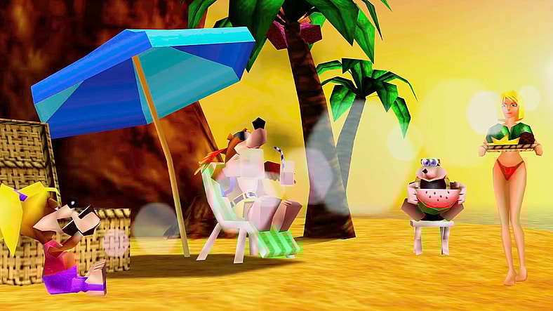 Banjo and Kazooie (Chris Sutherland) hit the beach with Bottles (Lee Ray) and Tooty (Evaline Fischer) in Banjo-Kazooie (1998), Rare