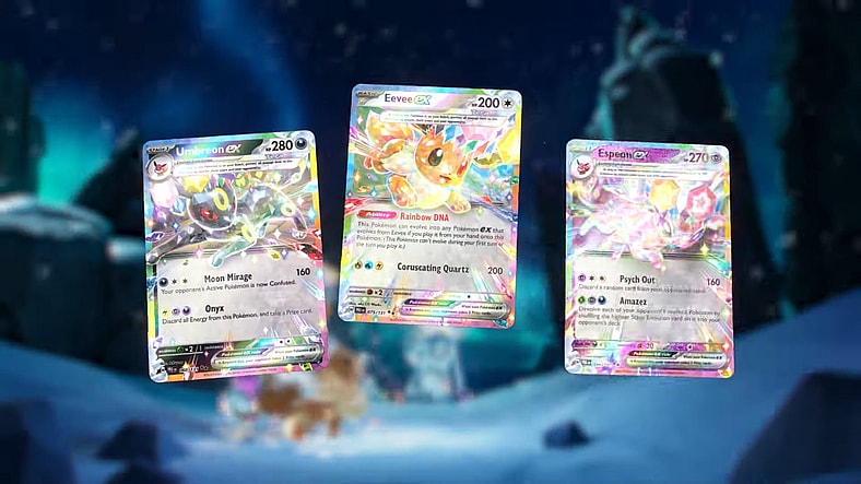 Umbreon EX (#161), Eevee EX (#167), and Espeon EX (#155), as featured in The Pokémon Trading Card Game: Scarlet & Violet—Prismatic Evolutions Set (2025), The Pokémon Company