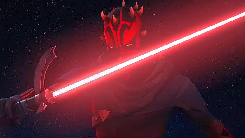 Darth Maul (Sam Witmer) draws his ligthsaber against Ahsoka Tano (Ashley Eckstein) in Star Wars: The Clone Wars Season 7 Episode 10 "The Phantom Apprentice" (2020), Disney