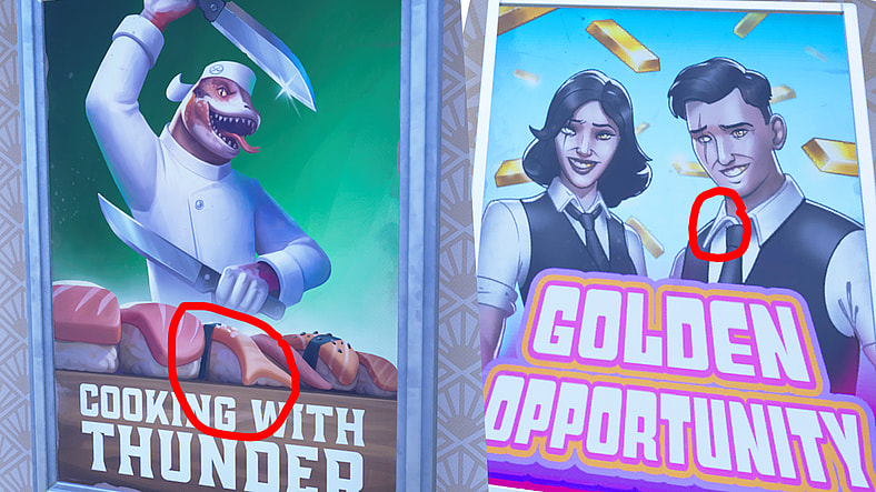A pair of AI generated posters, as spotted in the Chapter 7 update for Fornite (2017), Epic Games