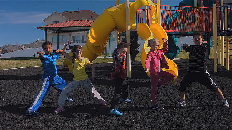 Alo Ramirez, Asia George, Ashton Myler, Payton Myler, and Andreik Tapia tap into the Morphin' Grid in The Power Rangers Ninja Kidz Movie (2022), The Ninja Kidz