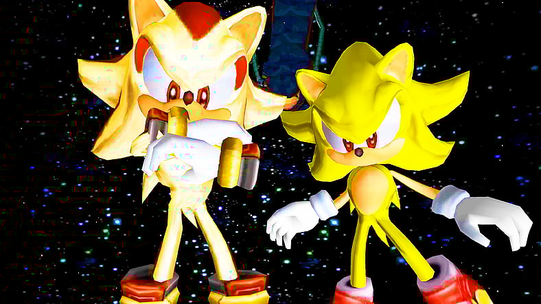 Sonic (Ryan Drummond) and Shadow (David Humphrey) emerge victorious against the Bio-Lizard (N/A) in Sonic Adventure 2: Battle (2001), SEGA