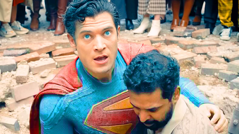 The Man of Steel (David Corenswet) receives some help from Mali (Dinesh Thyagarajan) after taking a knocking from the Hammer of Boravia in Superman (2025), DC Studios