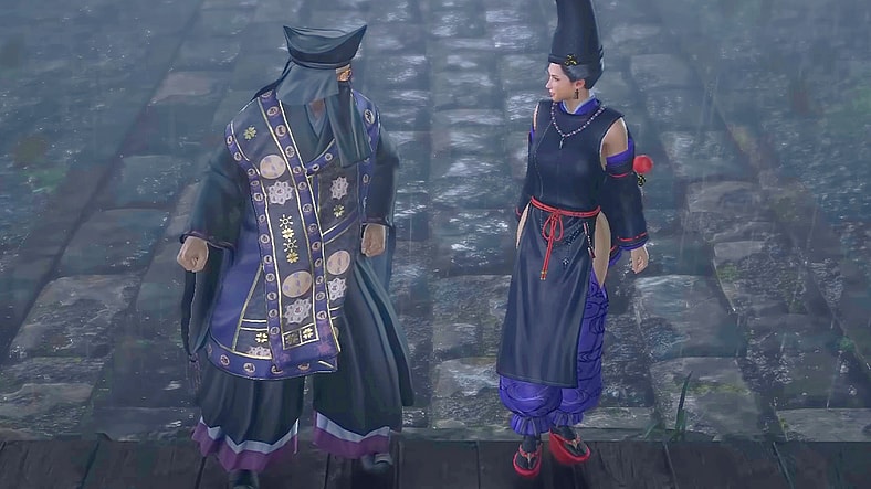 Master Tenkai (Takauyuki Sugo) and Fuku (Risa Shimizu) ready their Omnyo magic in Nioh (2017), Team Ninja