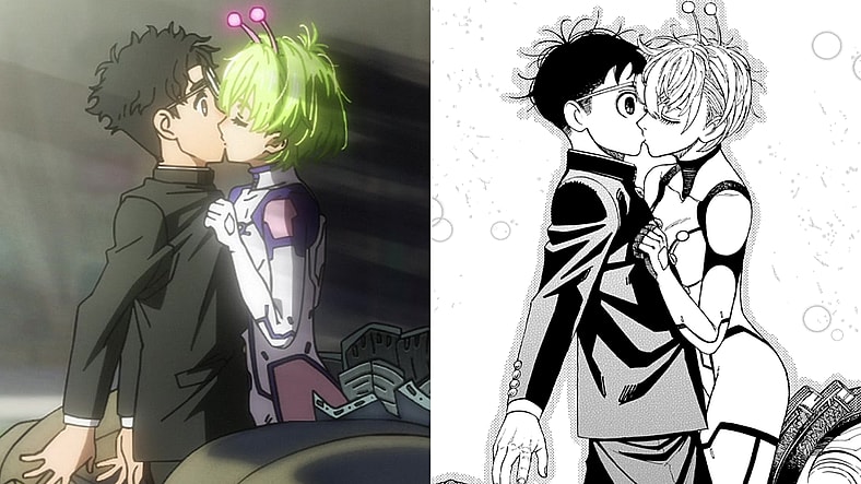 Vamola (TBA) kisses Ken (Natsuki Hanae) in Dandadan Episode 24 "Clash! Space Kaiju vs. Giant Robot!" (2025), Science Saru Crunchyroll / Vamola kisses Ken in Dandadan Ch. 71 "I'm Sick of Robots and Kaiju!" (2022), Shueisha. Words and art by Yukinobu Tatsu.