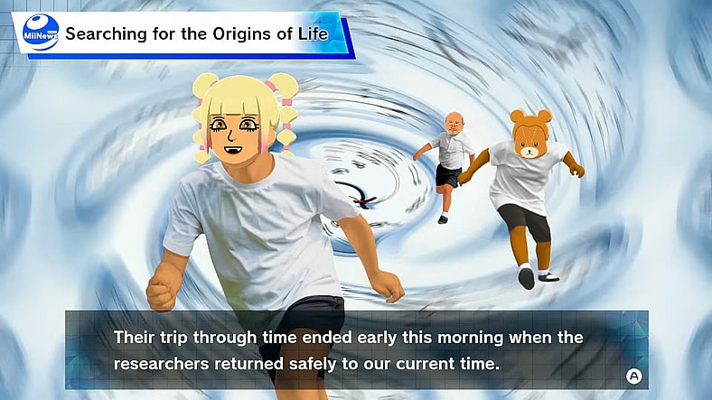 Crystal (N/A), Mocha (N/A), and Carlo (N/A) return from an expedition across Earth's past in Tomodachi Life: Living the Dream (2026), Nintendo