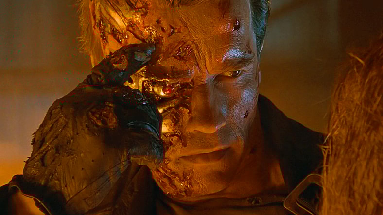 The T-800 (Arnold Schwarzenegger) reminds Sarah (Linda Hamilton) and John (Edward Furlong) that one final Skynet CPU still exists in Terminator 2: Judgment Day (1991), Tri-Star Pictures 